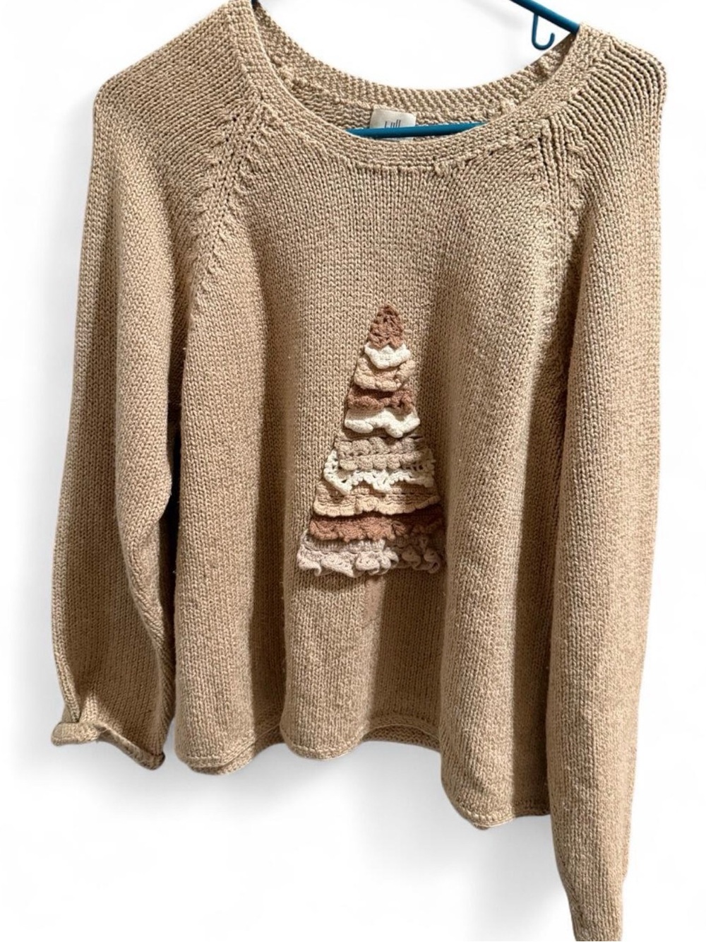 J. Jill Beige Ruffle Tree Crewneck Sweater